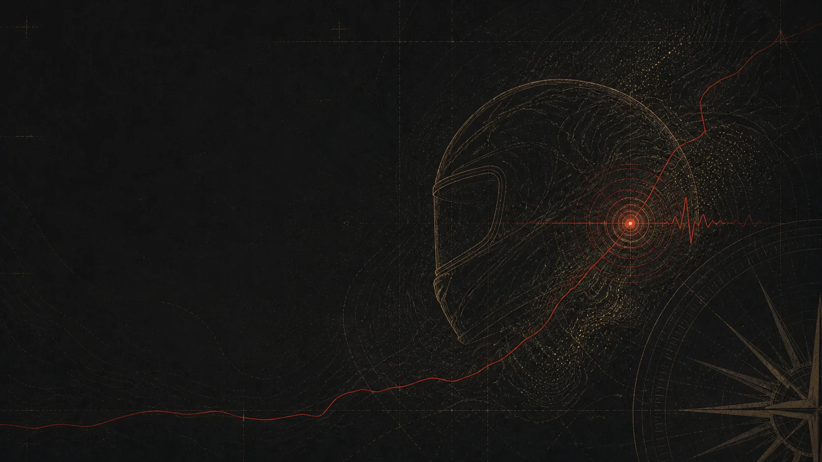 Silueta abstracta de casco, pulso y líneas topográficas