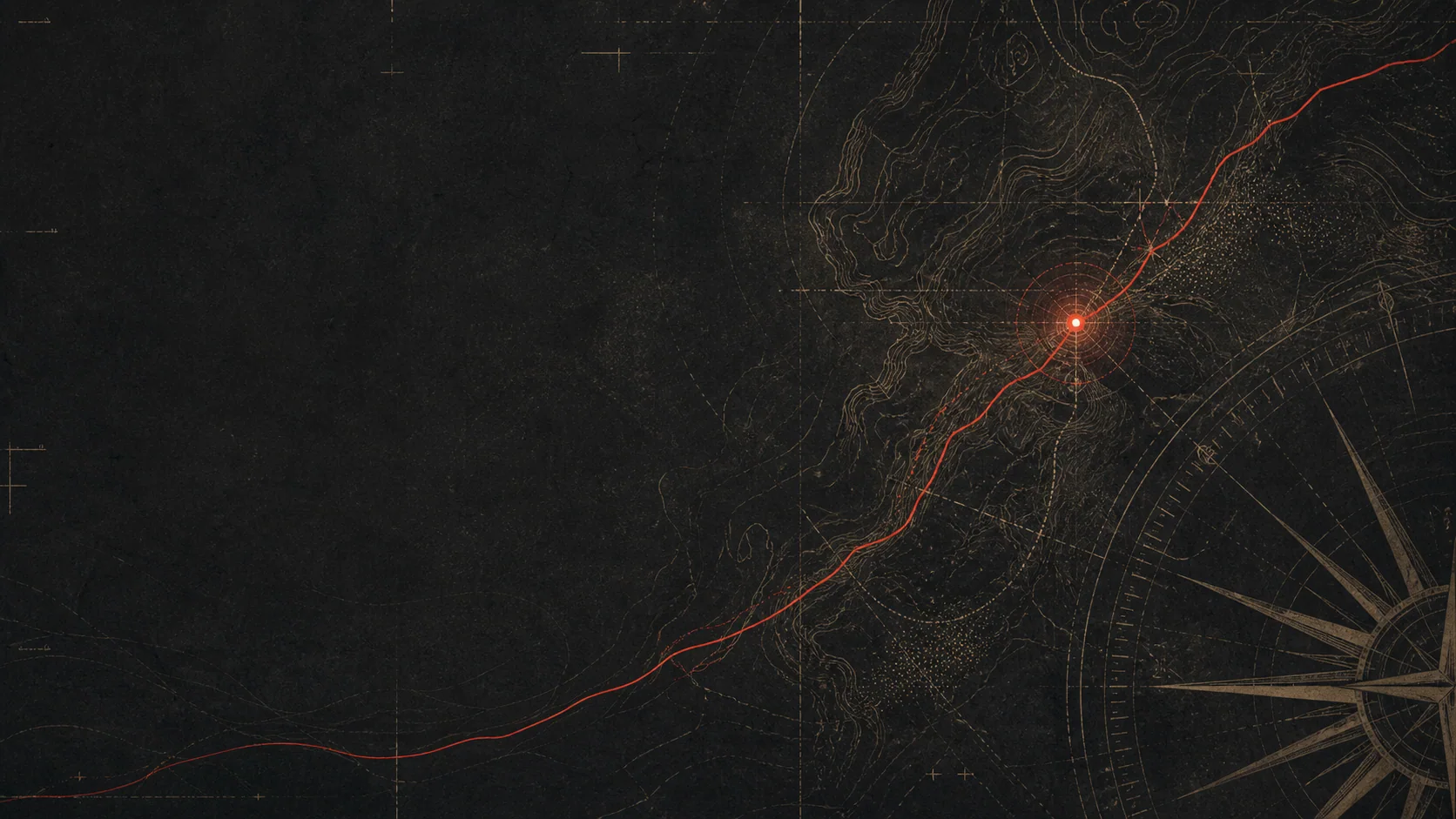 Mapa topográfico abstracto con brújula y línea de señal roja