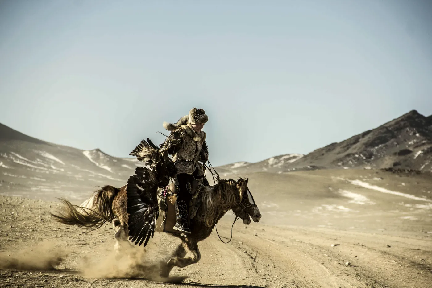 Cazador kazajo con águila a caballo en el Altái