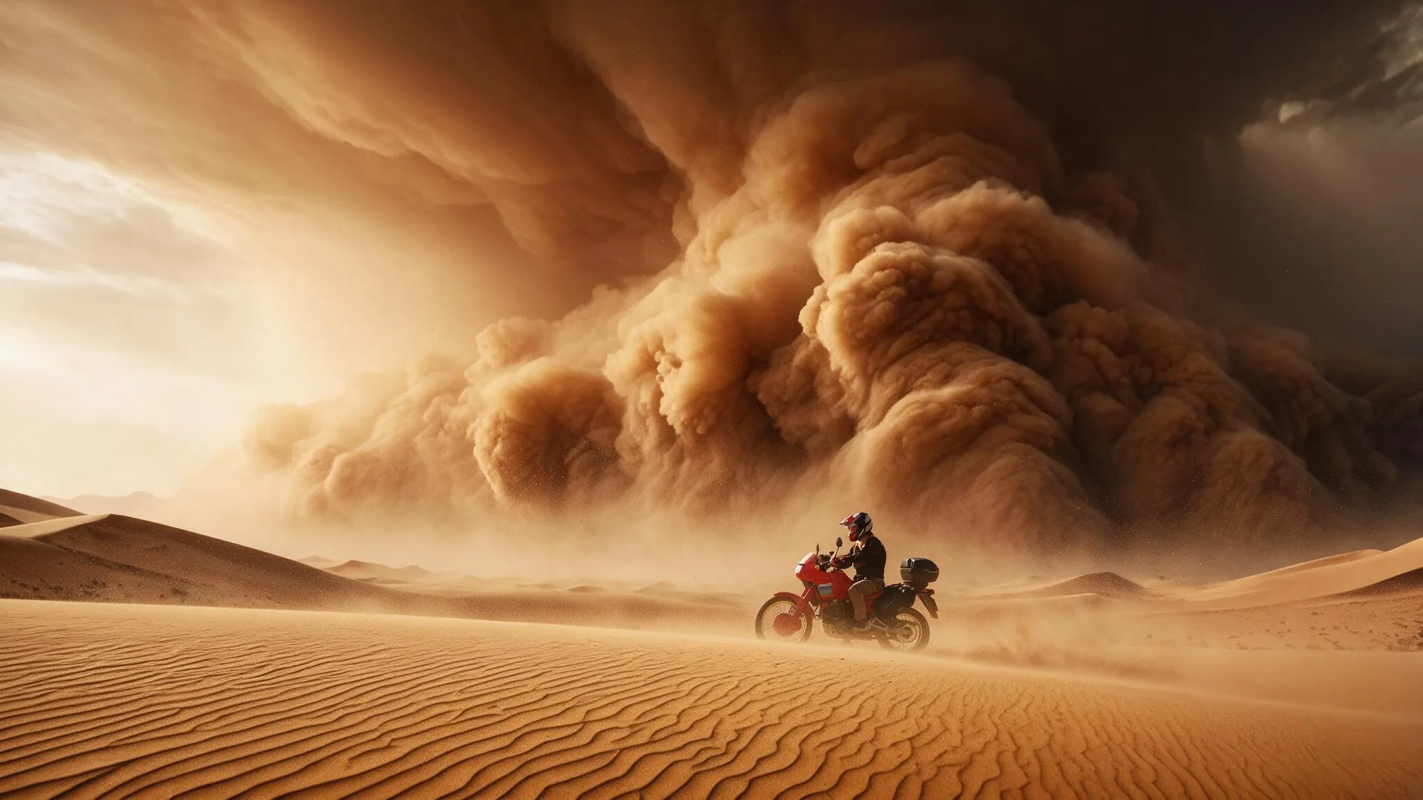Motero sobre una Honda Dominator roja ante una tormenta de arena