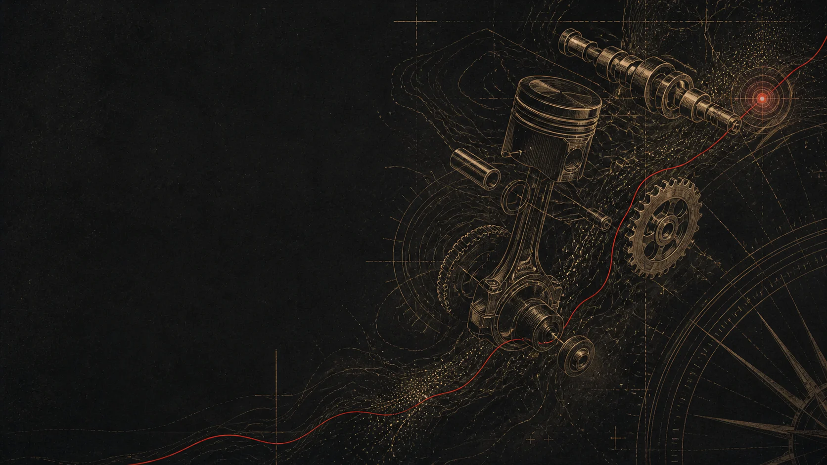 Motor despiezado abstracto integrado en un mapa topográfico de ruta